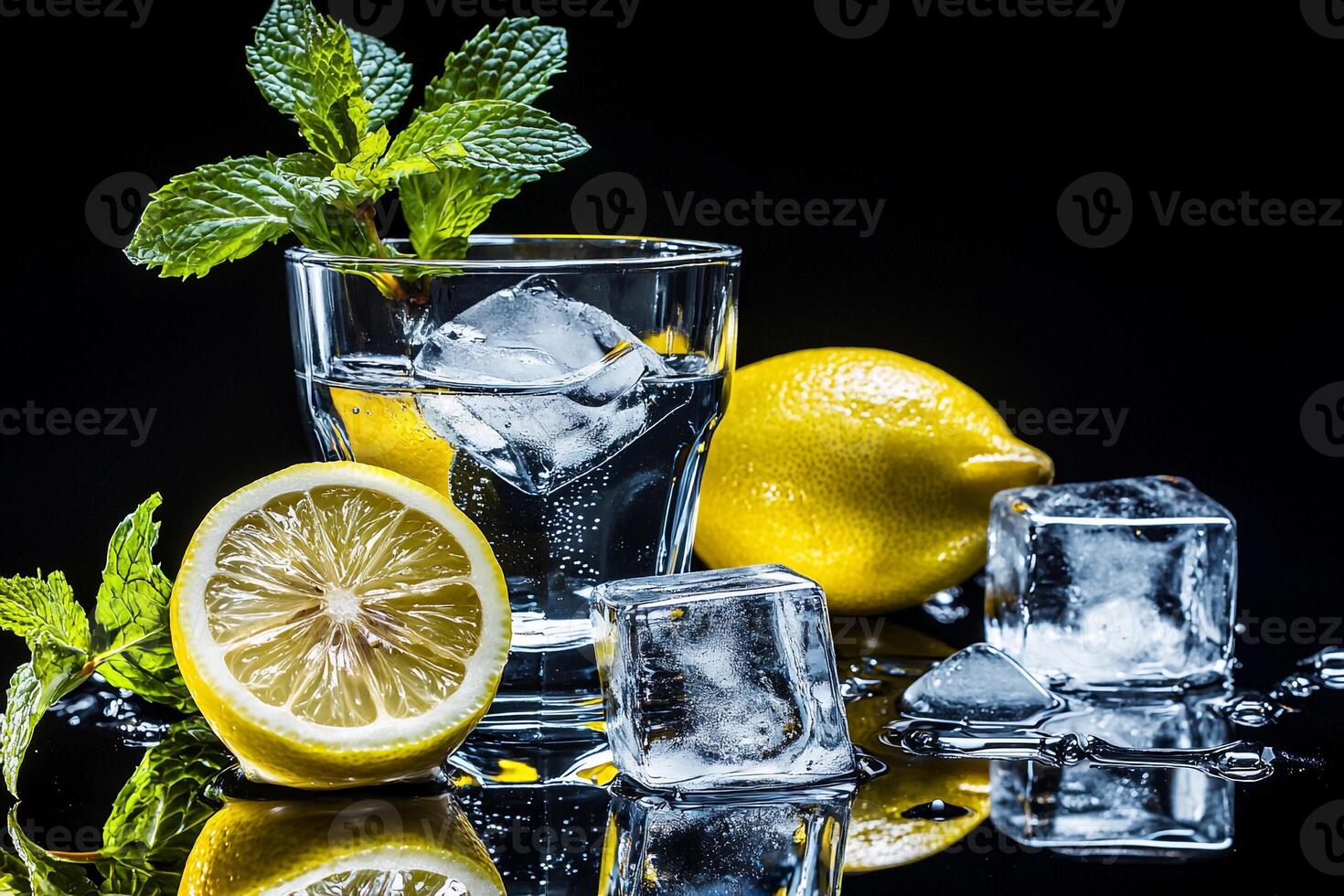 A glass of water with ice cubes and lemon slices photo