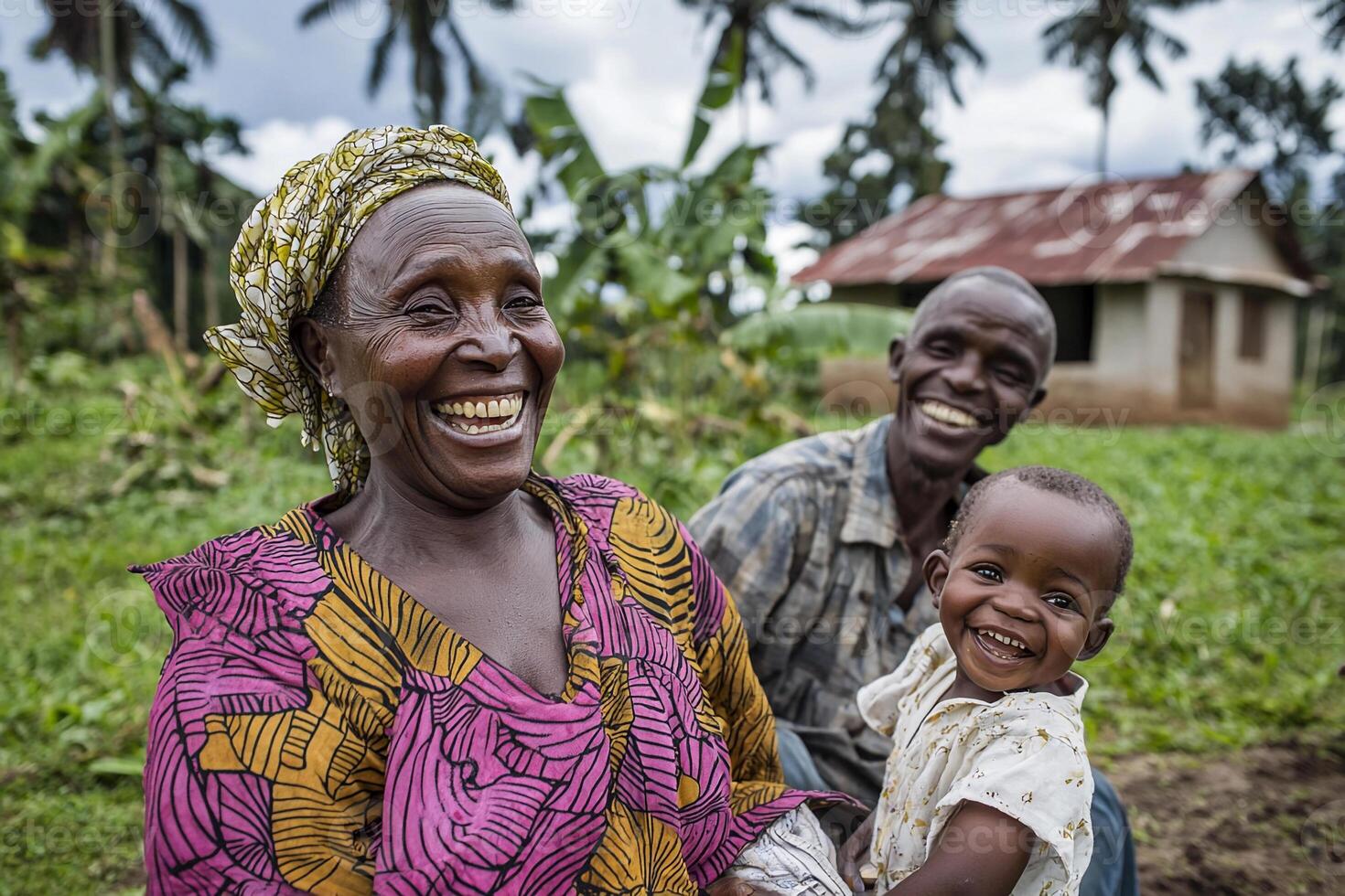 A smiling woman and child in a rural area photo