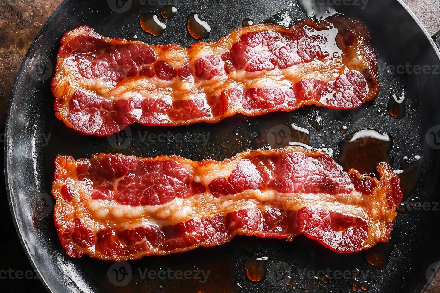 Two pieces of bacon are cooking in a pan photo