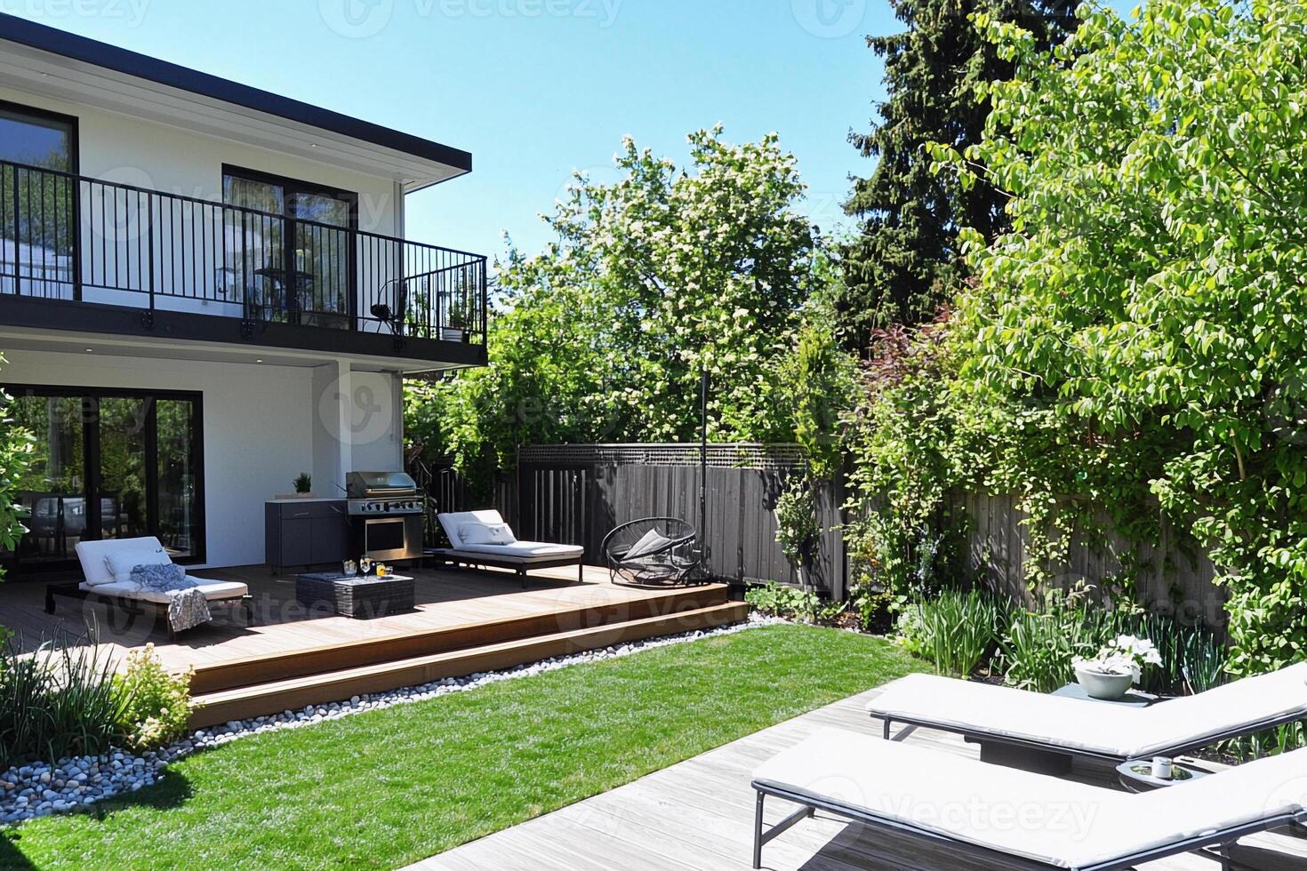 A backyard with a deck and lawn furniture photo