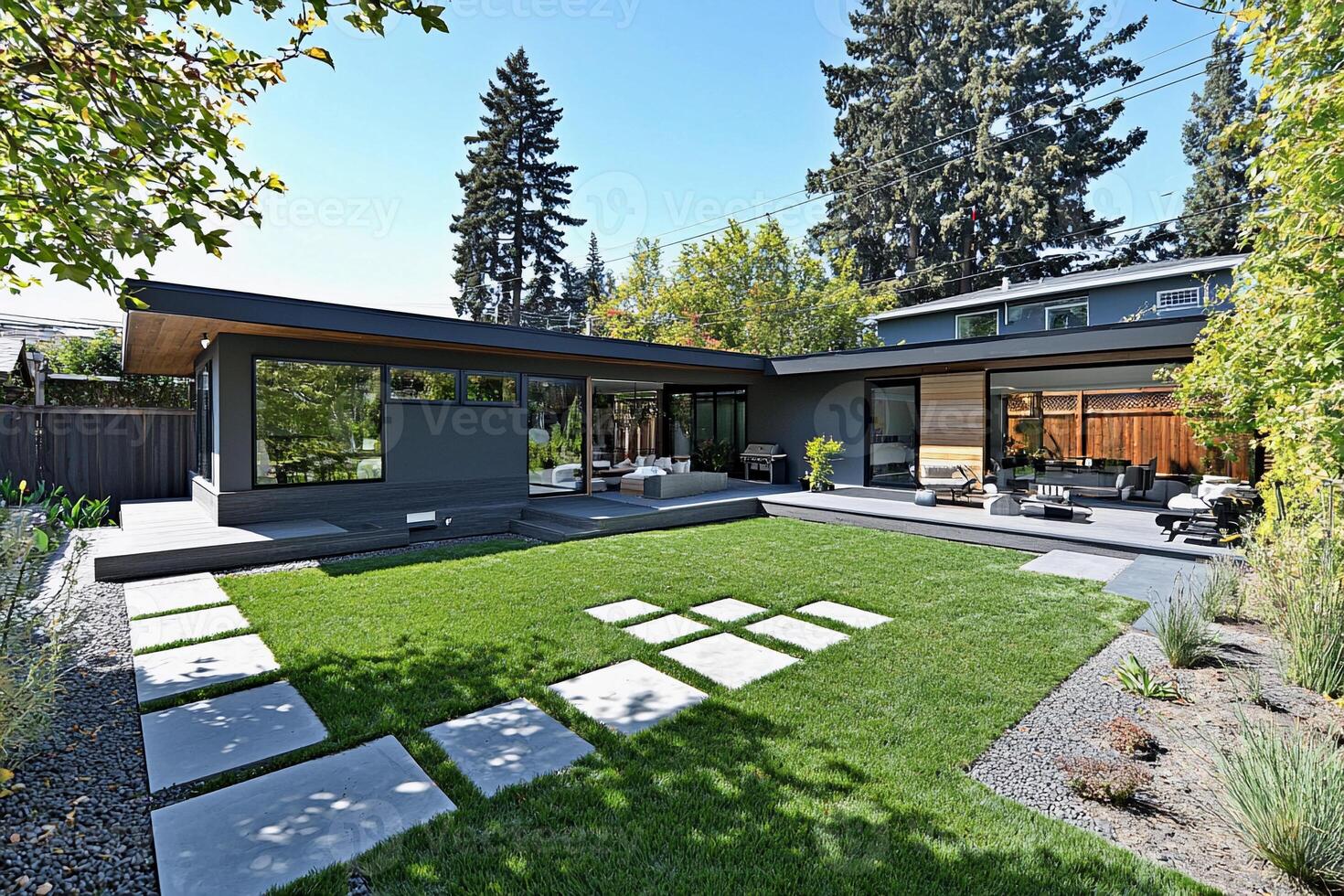 Modern home with a large backyard and lawn photo