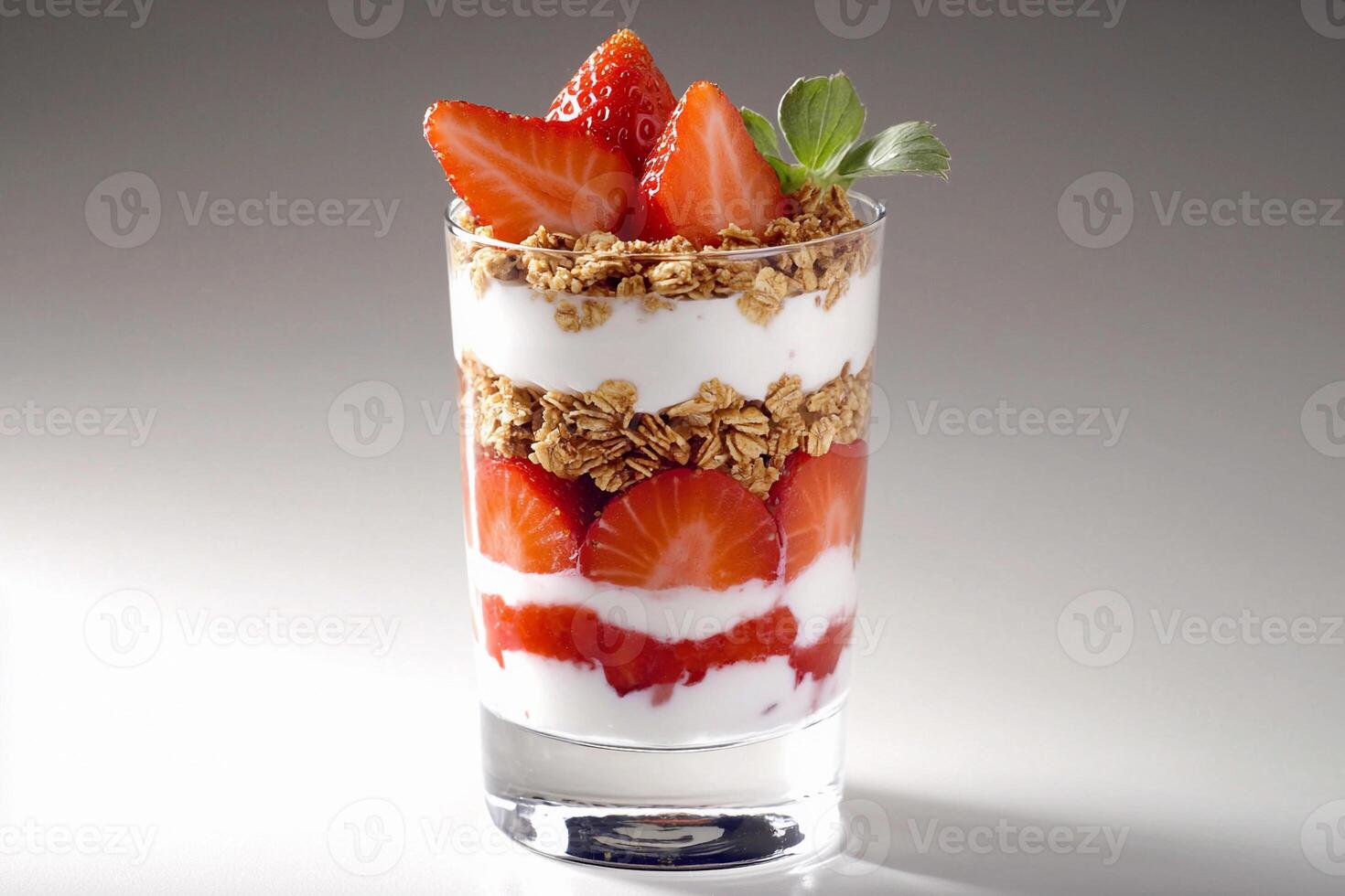 A dessert with strawberries and yogurt in a glass photo