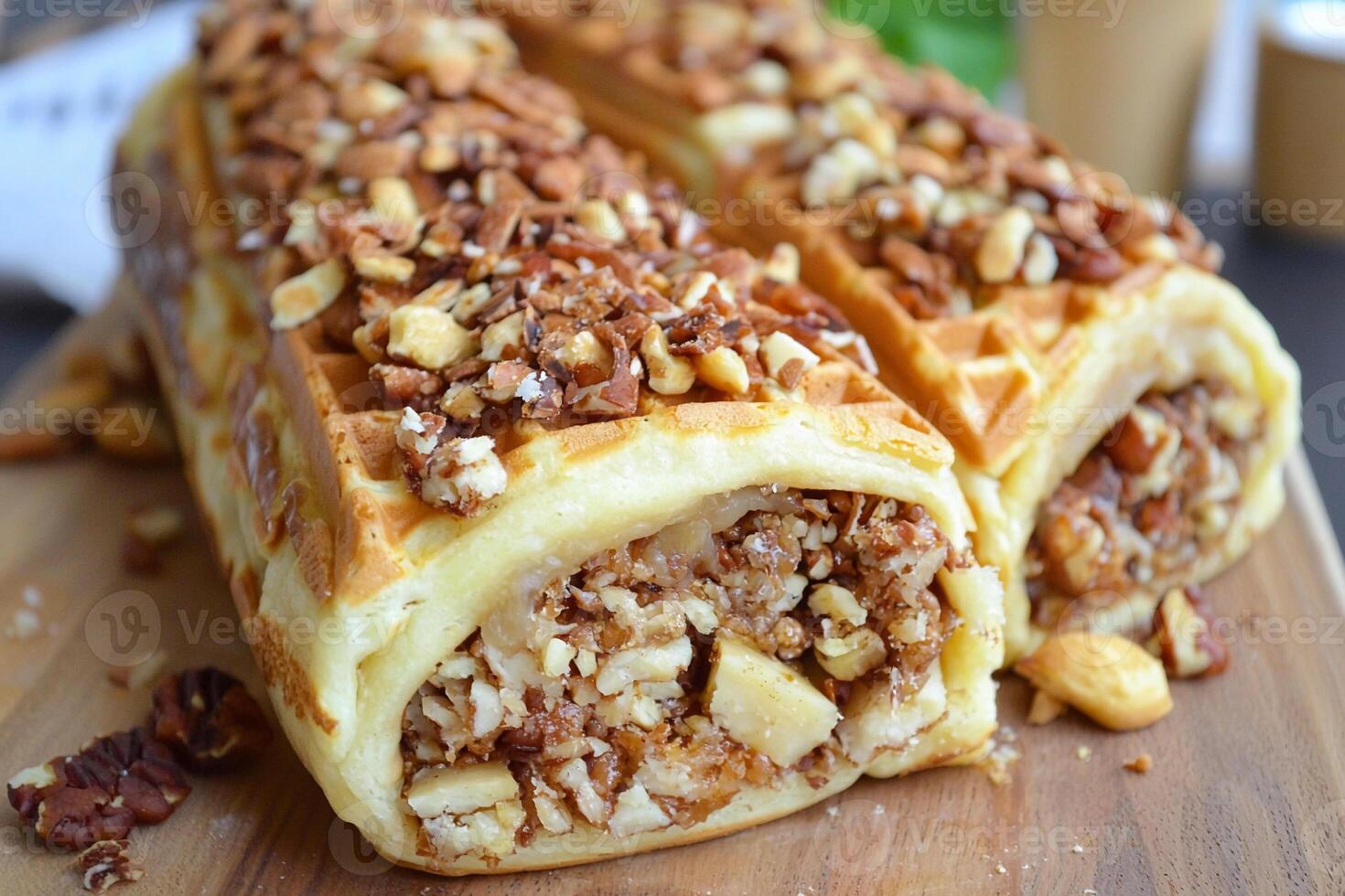 A waffle roll with nuts and nuts on top photo