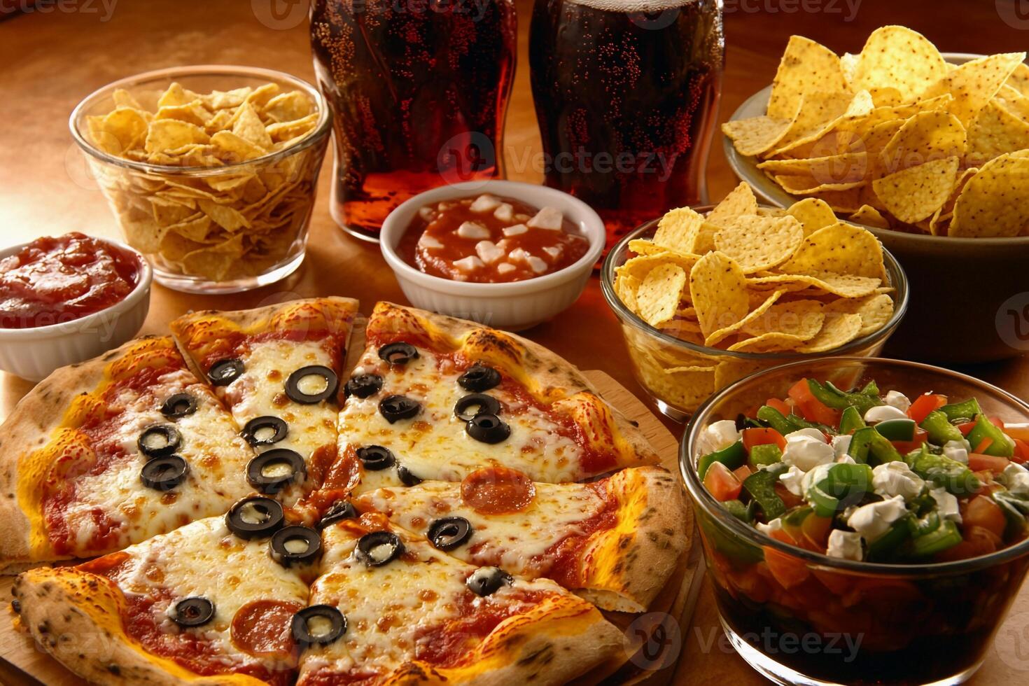 A pizza, chips, and soda on a table photo