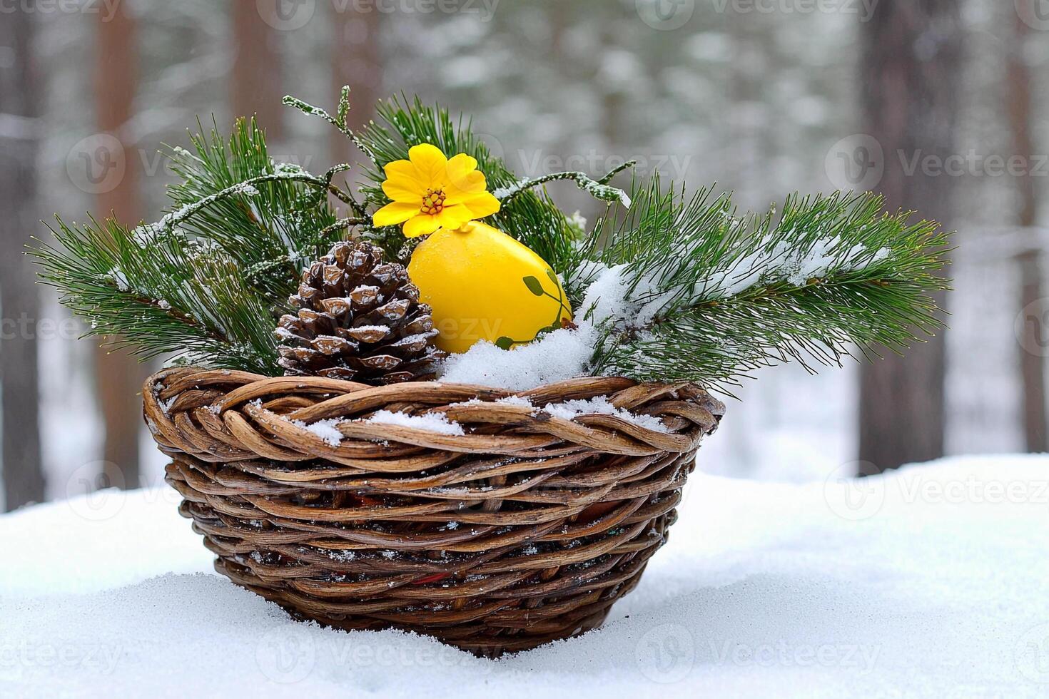 A basket with pine cones and yellow eggs in the snow photo