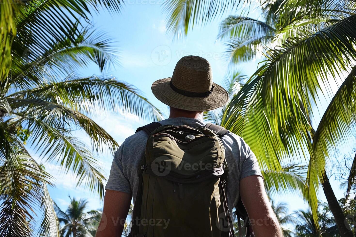A man wearing a hat and backpack looking at palm trees photo