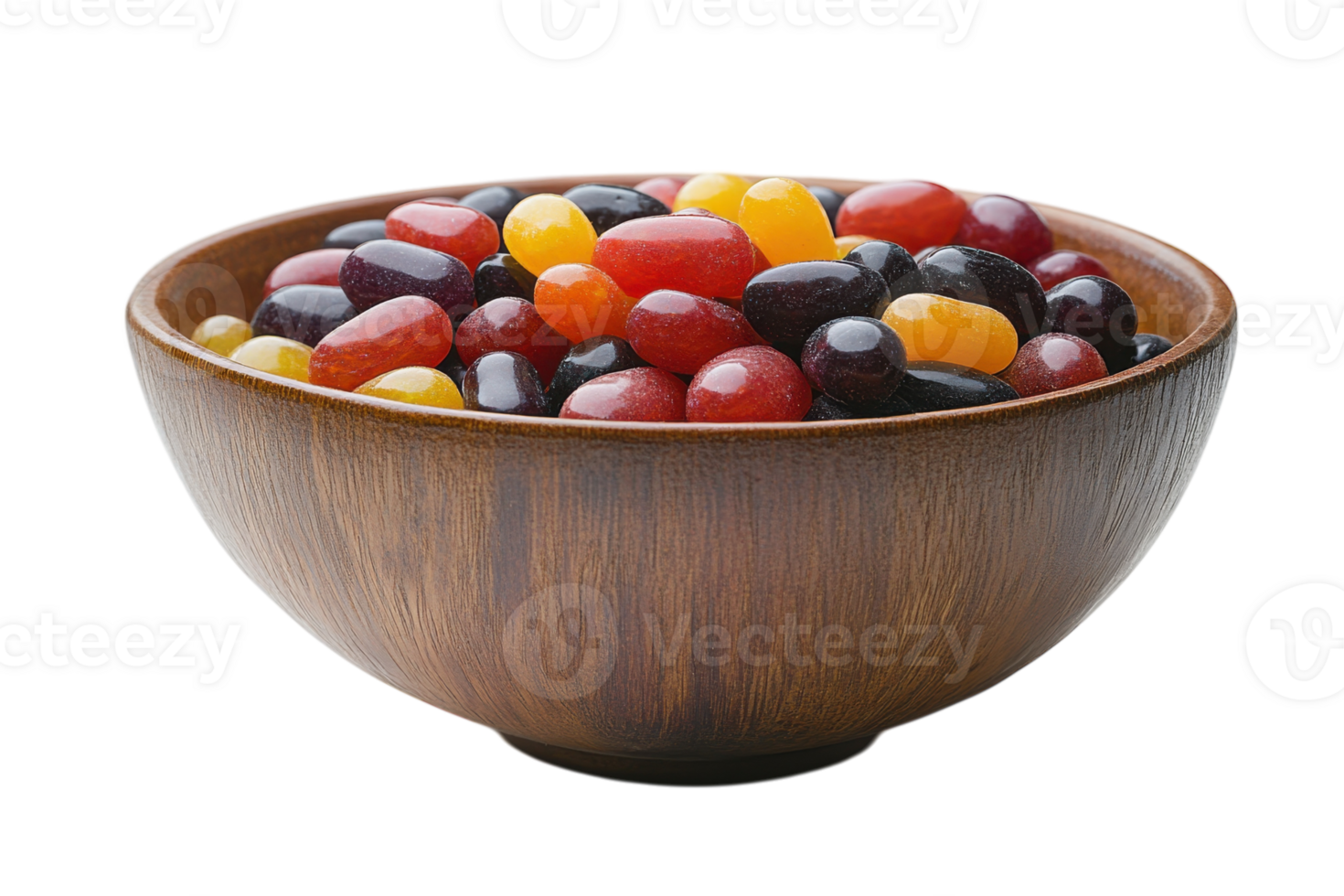 Colorful jelly beans in a wooden bowl showcasing a variety of flavors and shapes enjoyed during celebrations or casual snacking png