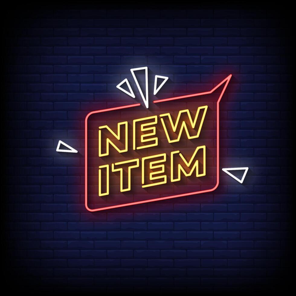 new item neon sign style with brick wall background vector