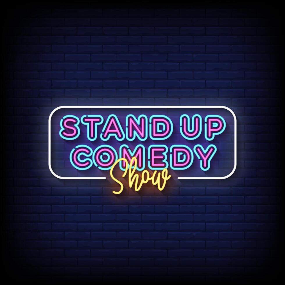 stand up comedy neon sign style with brick wall background vector