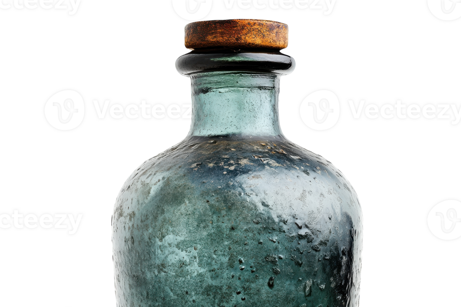 Unique vintage glass bottle with a rusted cork, showcasing intricate textures and historical charm in a minimalist presentation png