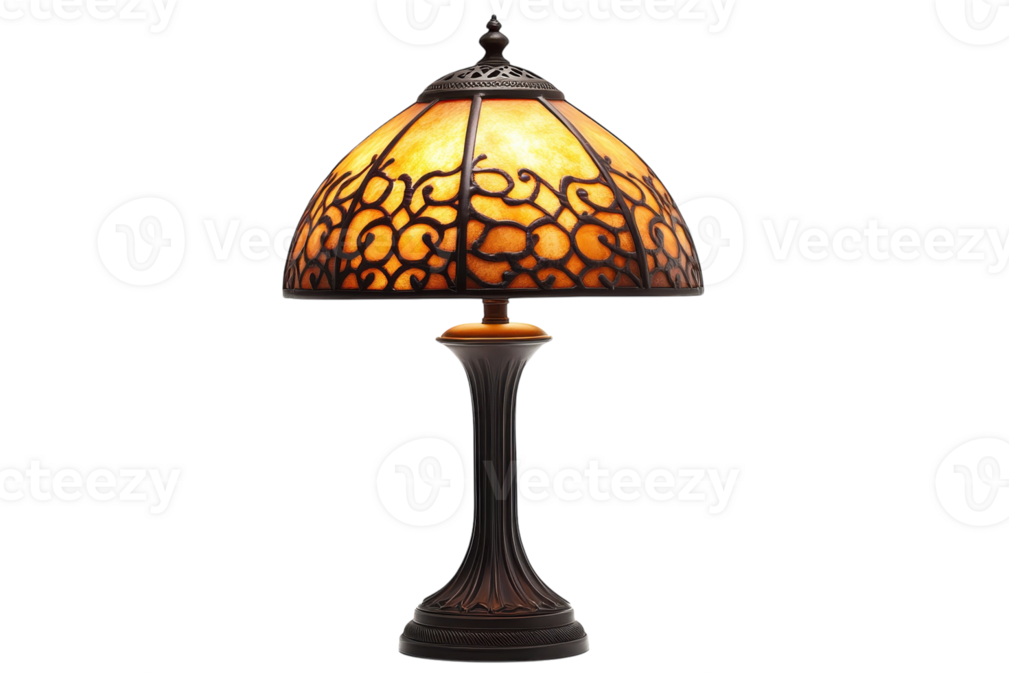 Elegantly designed stained glass lamp with intricate patterns illuminating a comfortable living space in the evening png