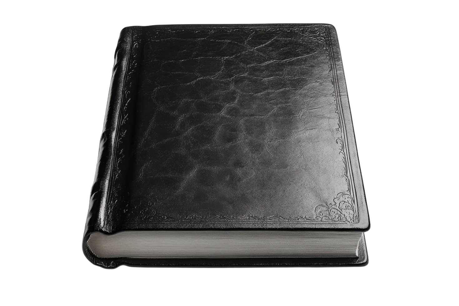Black leather-bound book resting on a flat surface, showcasing a classic and elegant design png