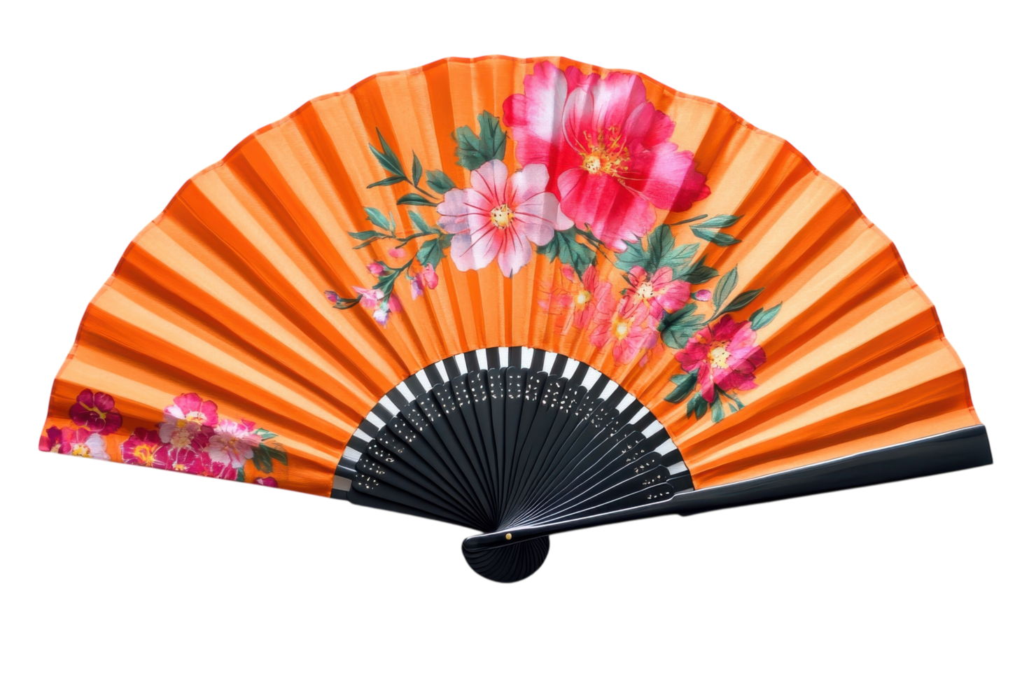 Decorative orange fan with floral patterns displayed on a neutral background, showcasing intricate design details and craftsmanship png