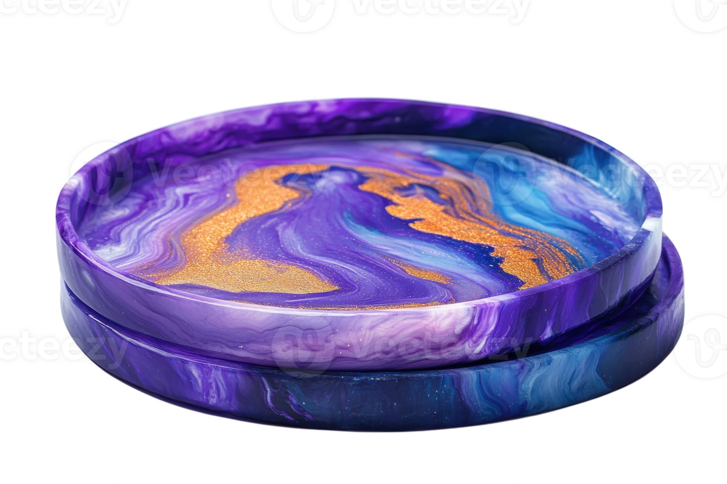 Beautifully crafted resin coasters with a vibrant purple and blue swirling pattern and golden accents for home decor png