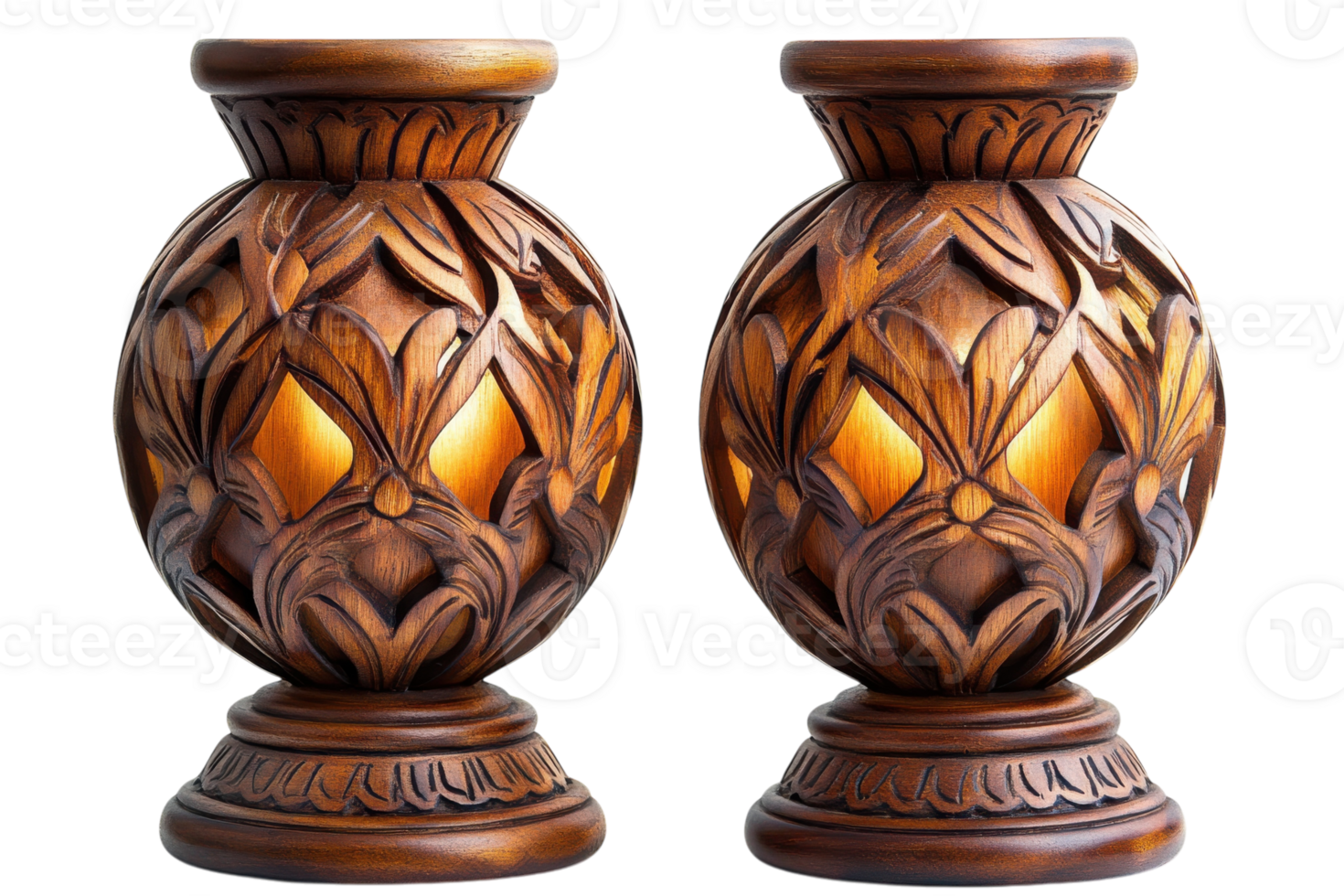 Beautifully carved wooden vases showcasing intricate floral designs, perfect for home decor and showcasing craftsmanship png
