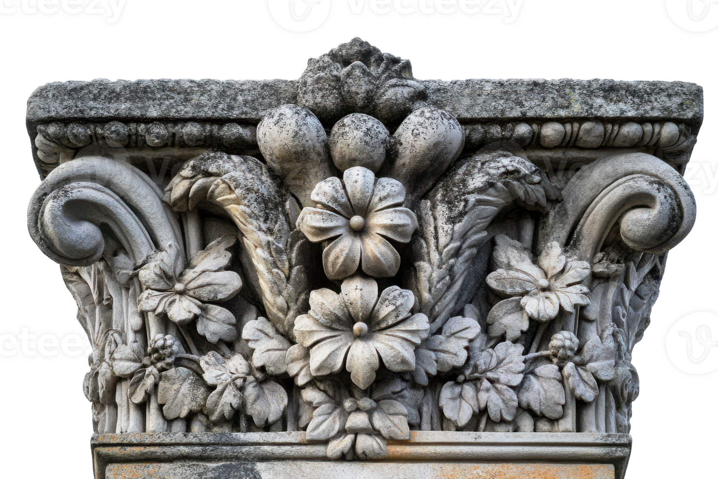 Intricate stonework featuring floral and foliage designs on a classical column png