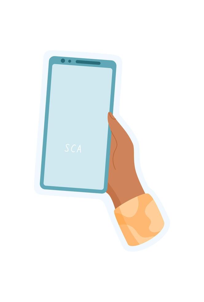 A hand hold phone. A user holds a smartphone with a blank screen in their palm. This digital sticker serves as an application template. Ideal for apps, media, and online services. vector