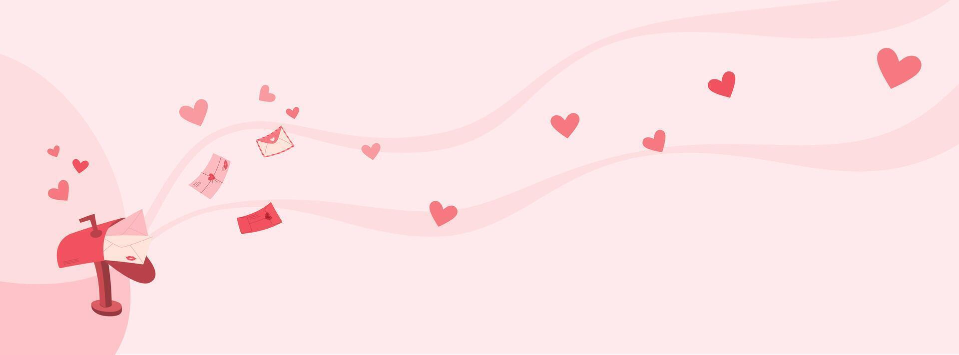 Creative style romantic craft letter flyer, trendy post card romance design, cartoon love flying envelope concept, flat cute postcard banner with heart and mailbox, modern handmade mail template. vector