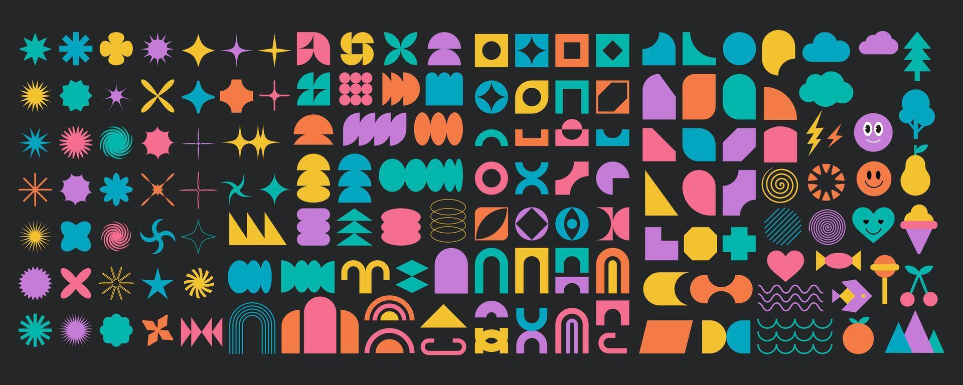 Modern brutalist flat symbol art set, vintage trendy memphis silhouette shape illustration, abstract simple cartoon figure design collection, geometric brutalism graphic in trendy 90s groovy style. vector