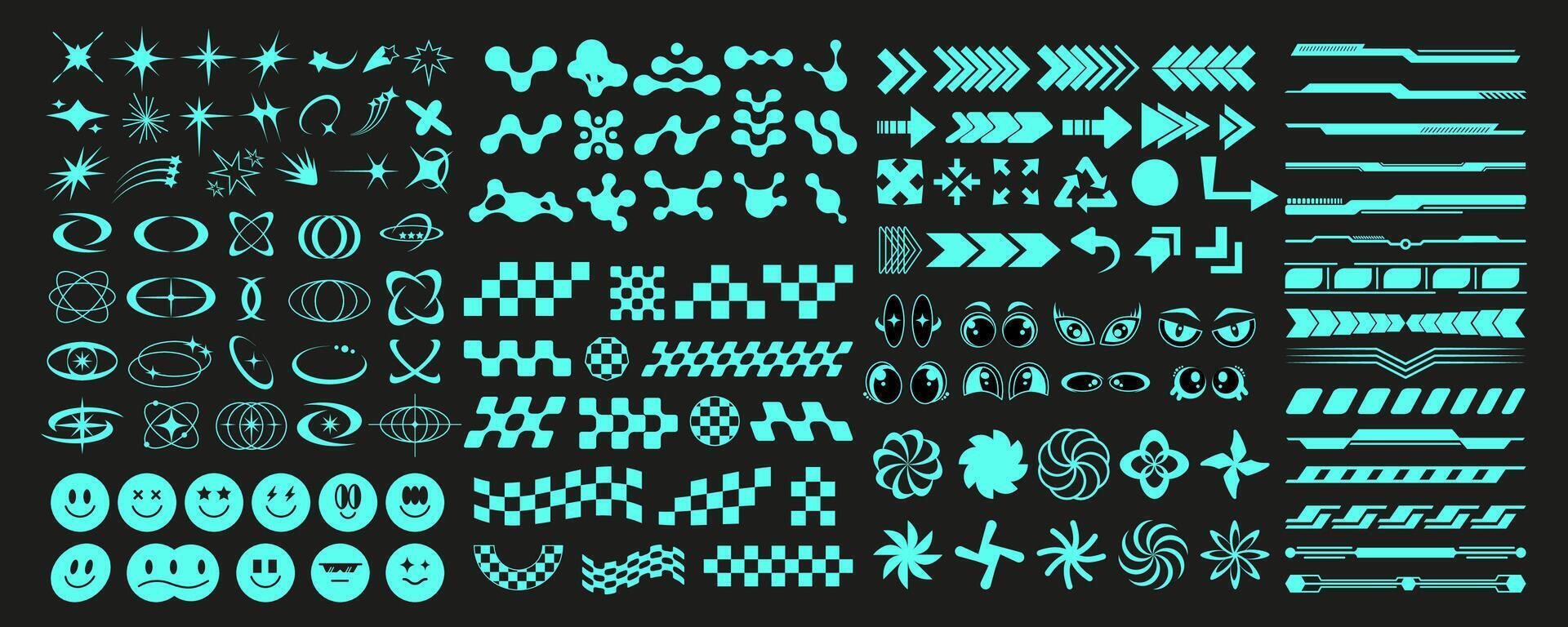 Neon y2k trippy rave decoration set graphic, cyber geometry acid element collection, retro abstract 90s symbol, modern techno y2k shape , geometric blue groovy icon aesthetic vector