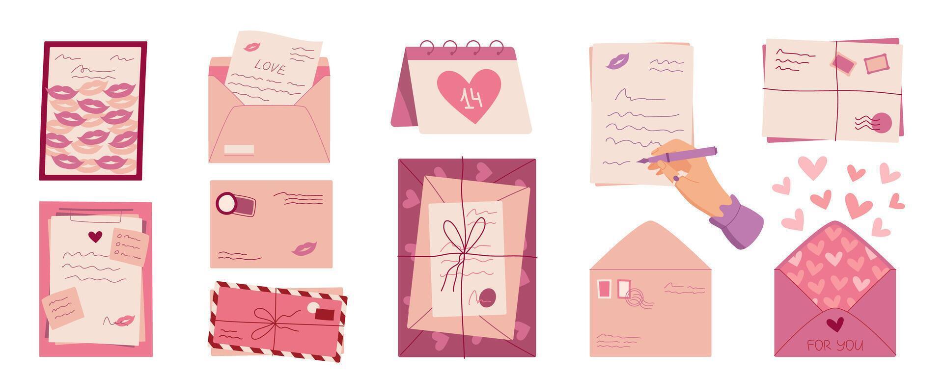 Romantic style handmade envelope and postcard set, trendy love mail with heart and kiss template, flat hand write cute and romantic message, cartoon modern craft letter with lips flyer. vector