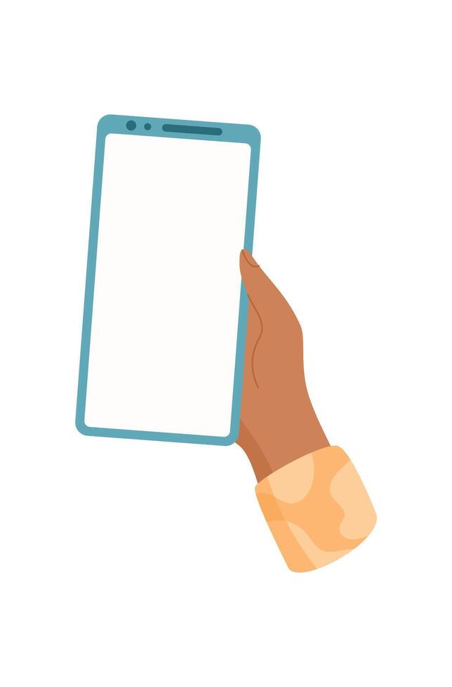 A hand holds a mobile phone with a blank screen. A user holds digital device for various applications. This mobile phone allows for touch gestures and simple navigation. Modern concept, ideal vector