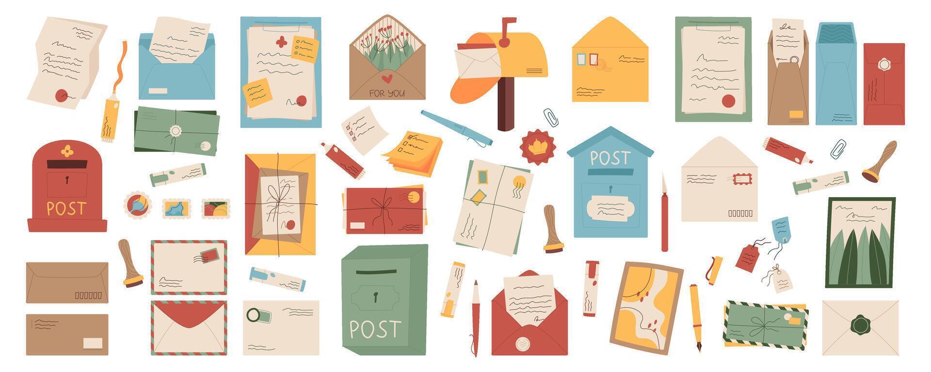 Isolated flat mail, letters and mailboxes set illustration, creative style handwritten letter with stamp and address, cartoon greeting postcard design, craft paper envelope and stationery collection. vector