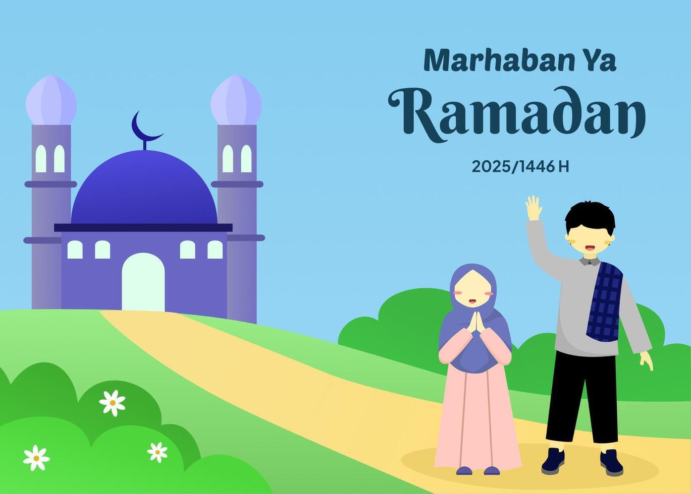 Banner Ramadan Greeting Marhaban Ya Ramadhan 2025 With Mosque and happy moslem child vector
