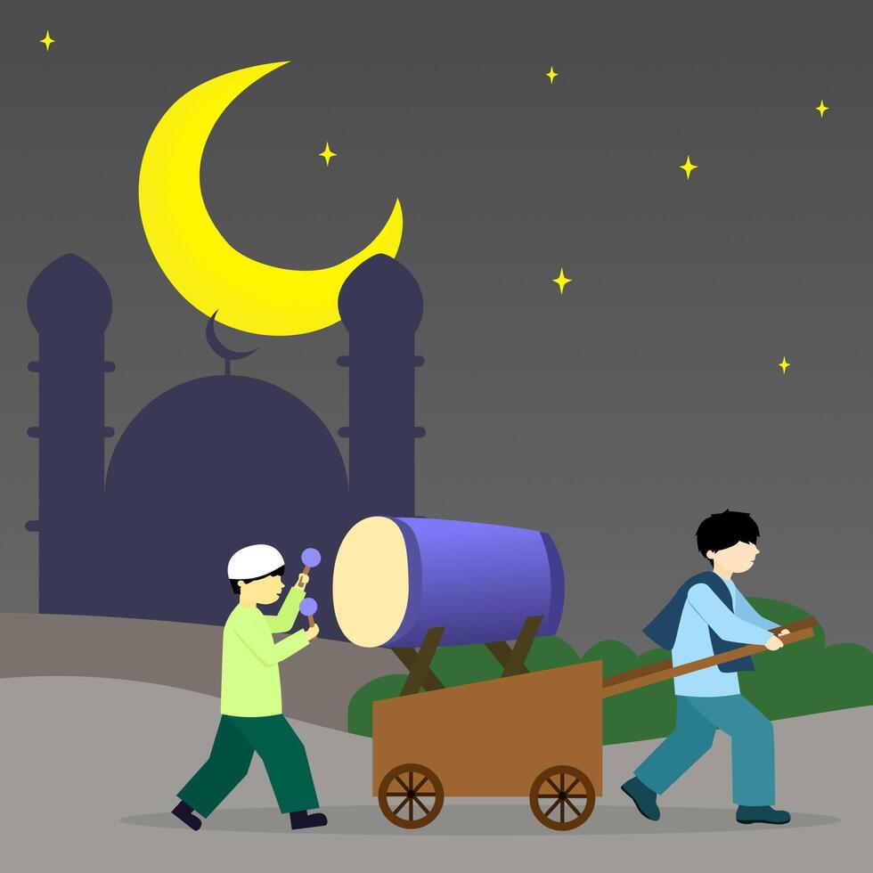 illustration of people hit bedug drum during ramadan night vector