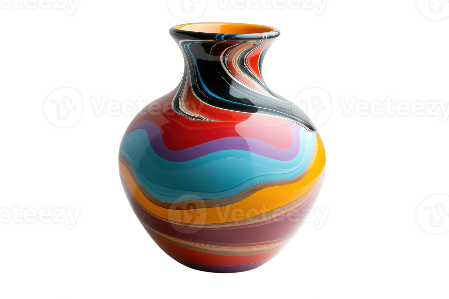 Colorful hand-blown glass vase showcasing vibrant swirls and unique design elements png