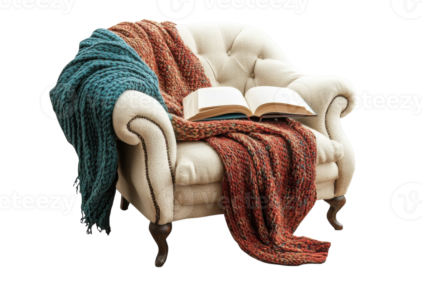 Cozy armchair adorned with warm blankets and a book invites relaxation in a tranquil setting png