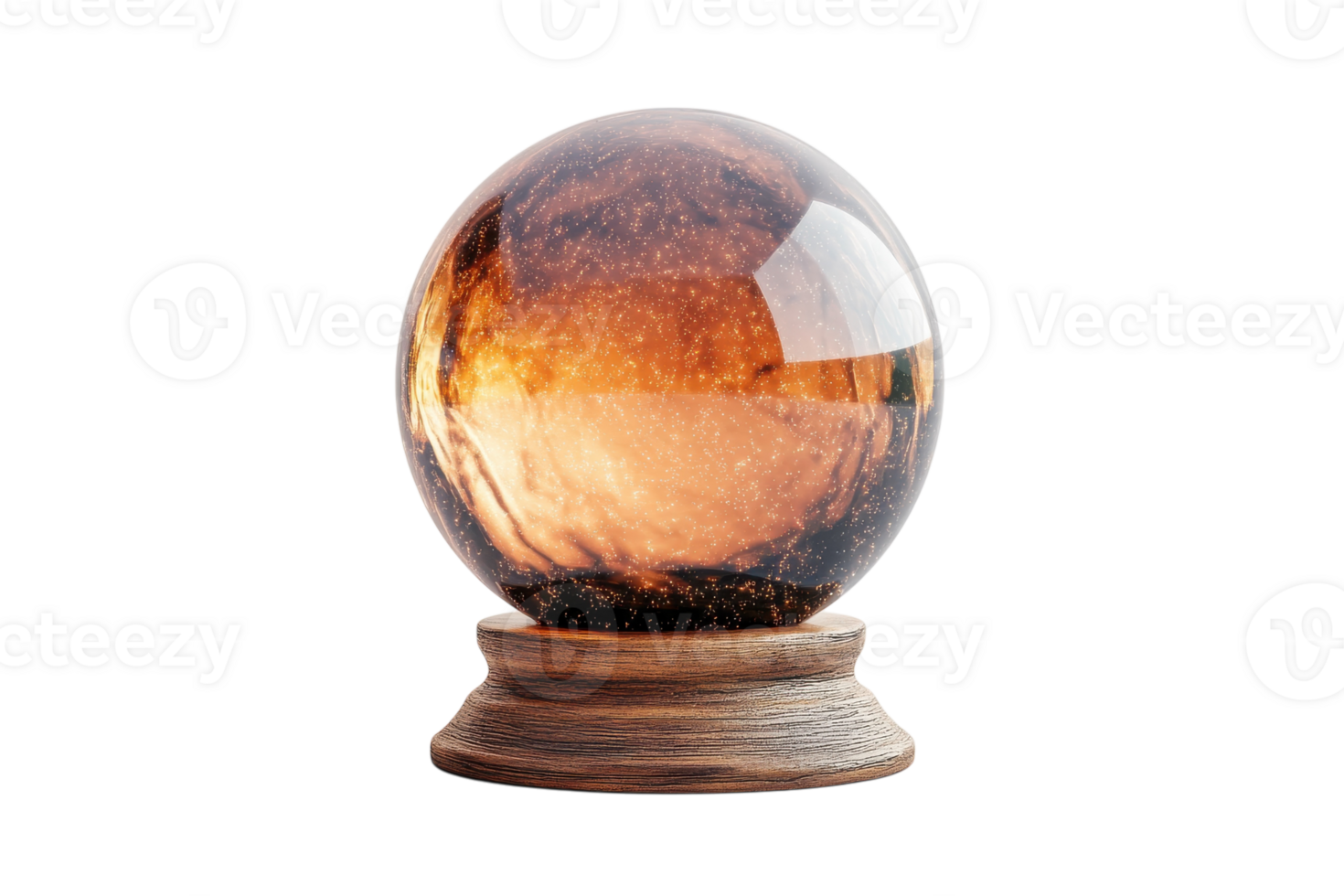 Crystal ball sits on a wooden base reflecting warm colors and sparkling details in soft light png