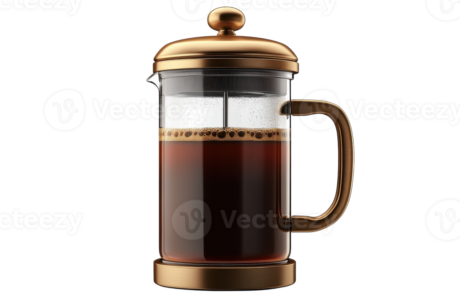 Freshly brewed coffee in a stylish French press on a wooden table in a cozy kitchen setting png