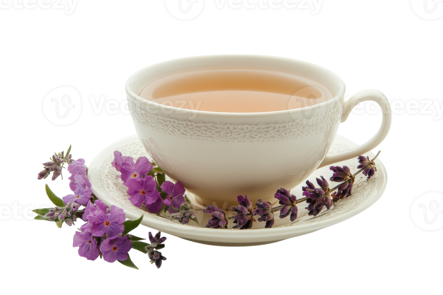 Herbal tea served in a delicate cup with lavender and flowers arranged attractively png