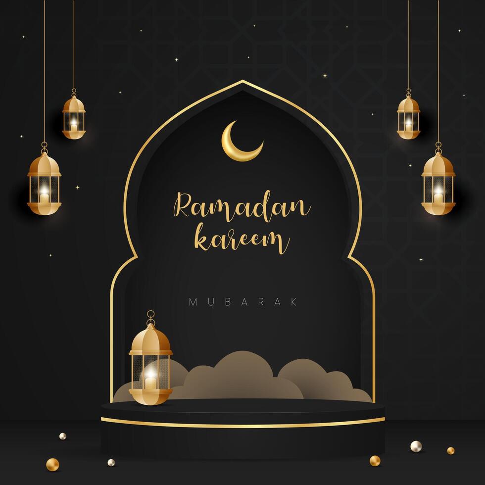 Happy Ramadan Kareem Mubarak illustration with podium lantern and dome paper cut effect vector