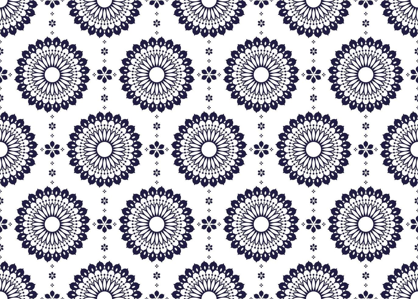 mandalas ethnic fabric seamless pattern, dark blue on White background, design for cloth, carpet, batik, wallpaper, wrapping etc. vector