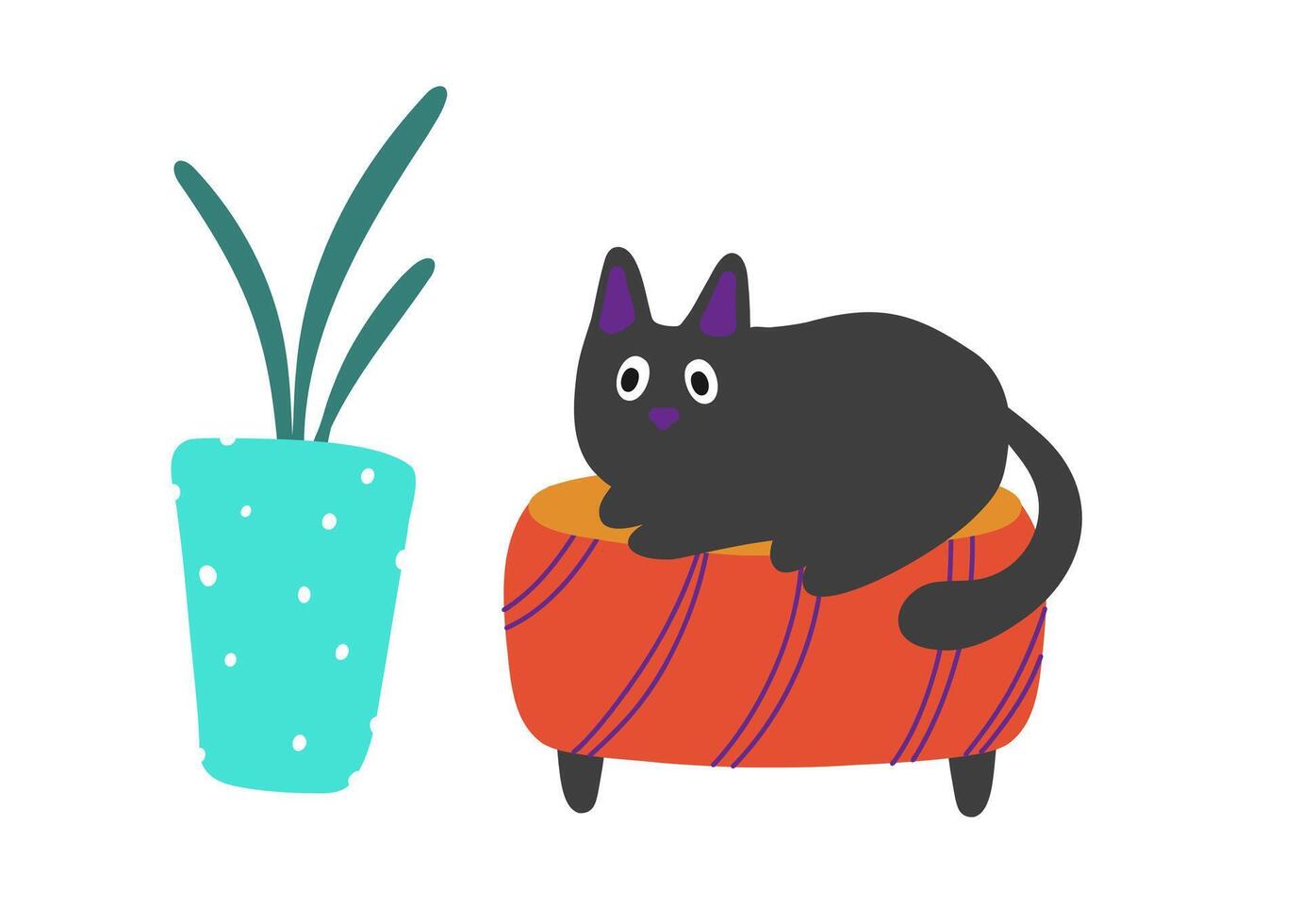 Cat on a pouf.Flower pot. Painting. Home interior concept. Hand Drawing vector