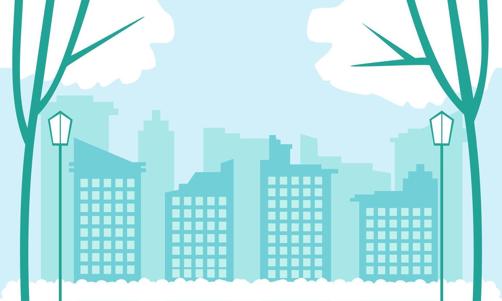 Serene winter cityscape with tall buildings and a snowy background. The buildings are spread out across the scene, with some closer to the foreground and others further in the distance vector