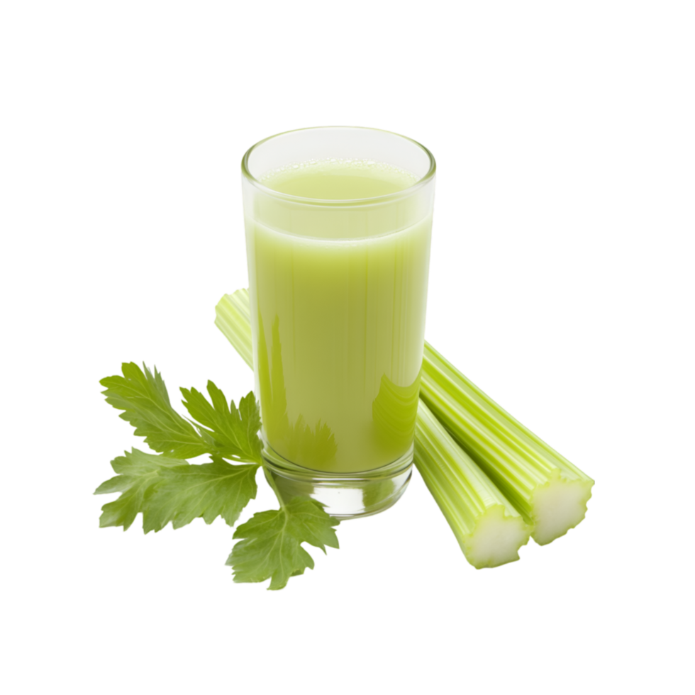 Celery juice with fresh celery stalks isolated on a transparent background png
