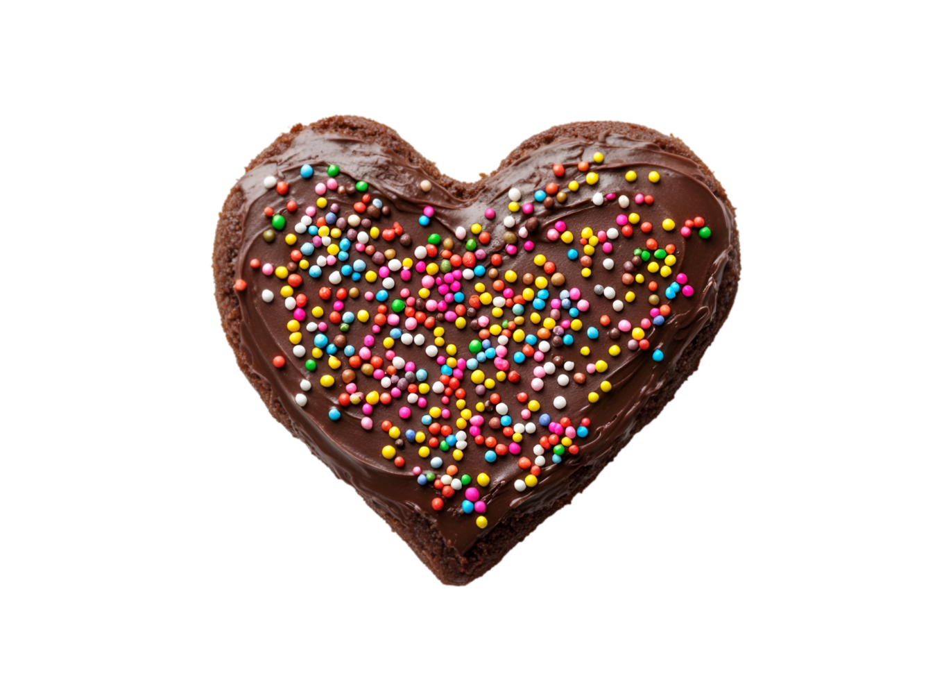 Heart shaped chocolate cake with colorful sprinkles isolated on a transparent background png