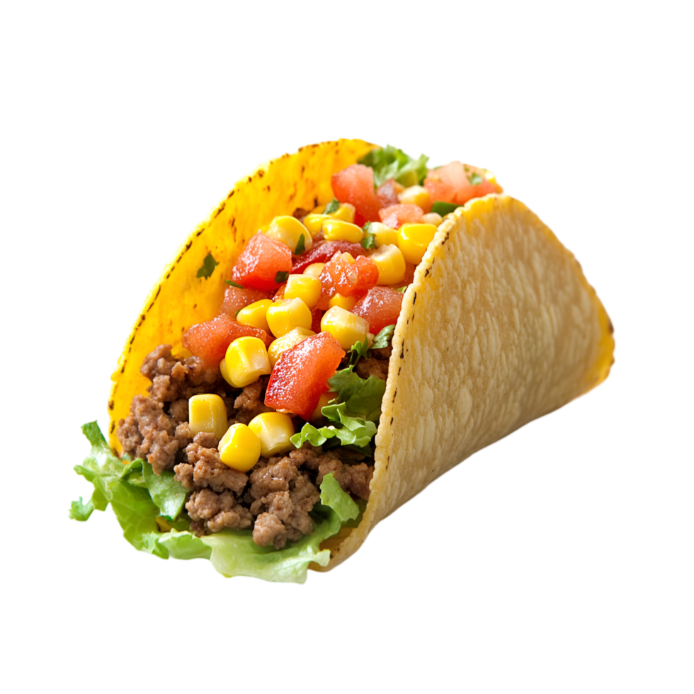 Taco with ground beef, cheese, lettuce, and vegetables isolated on a transparent background png