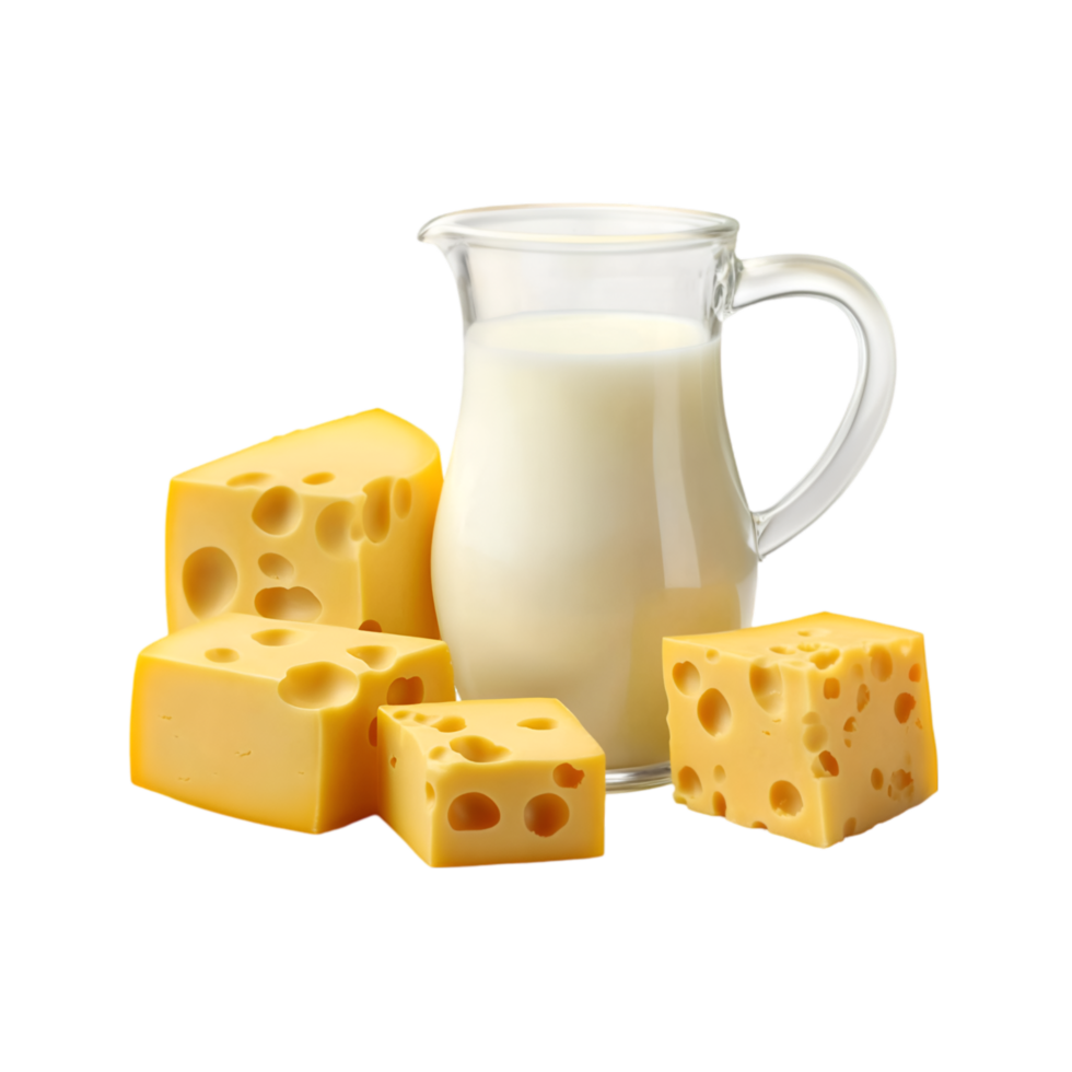 Jar of milk with Swiss cheese cubes isolated on a transparent background png
