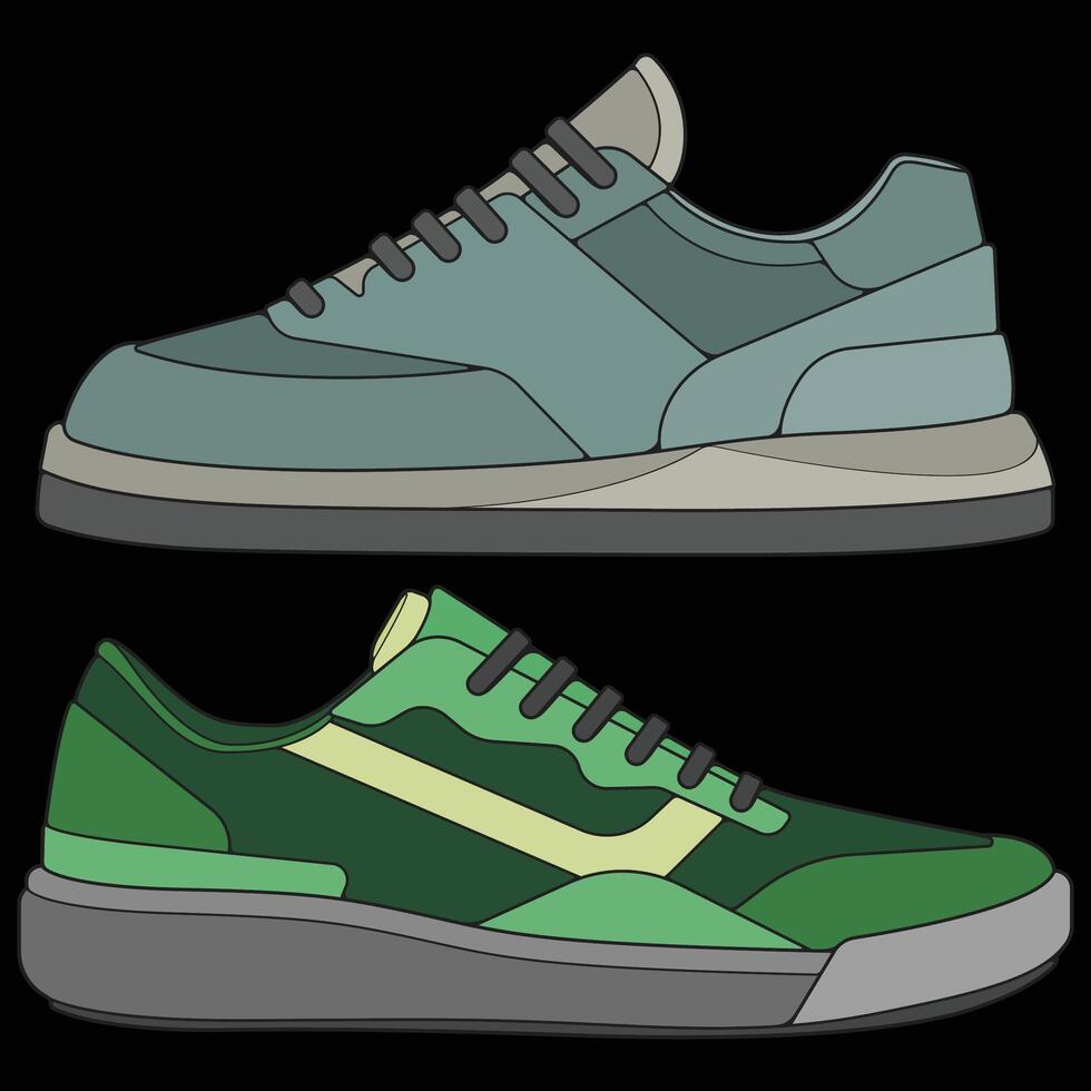 Bundling set modern sneakers shoes hand drawing, Modern sneakers shoe illustration. Sneakers illustration isolated with black background. vector