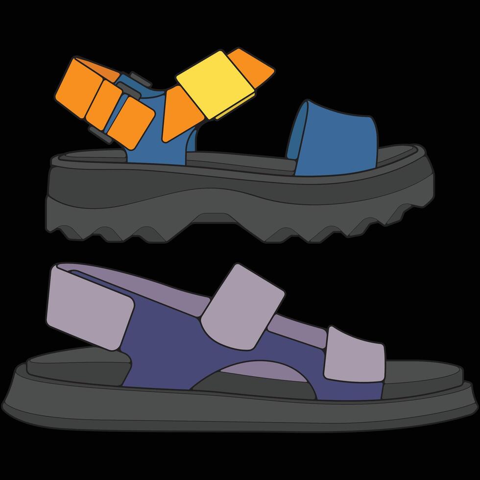 Bundling set modern sandal illustration coloring with black background. Modern sandal cartoon Isolated hand drawing. vector
