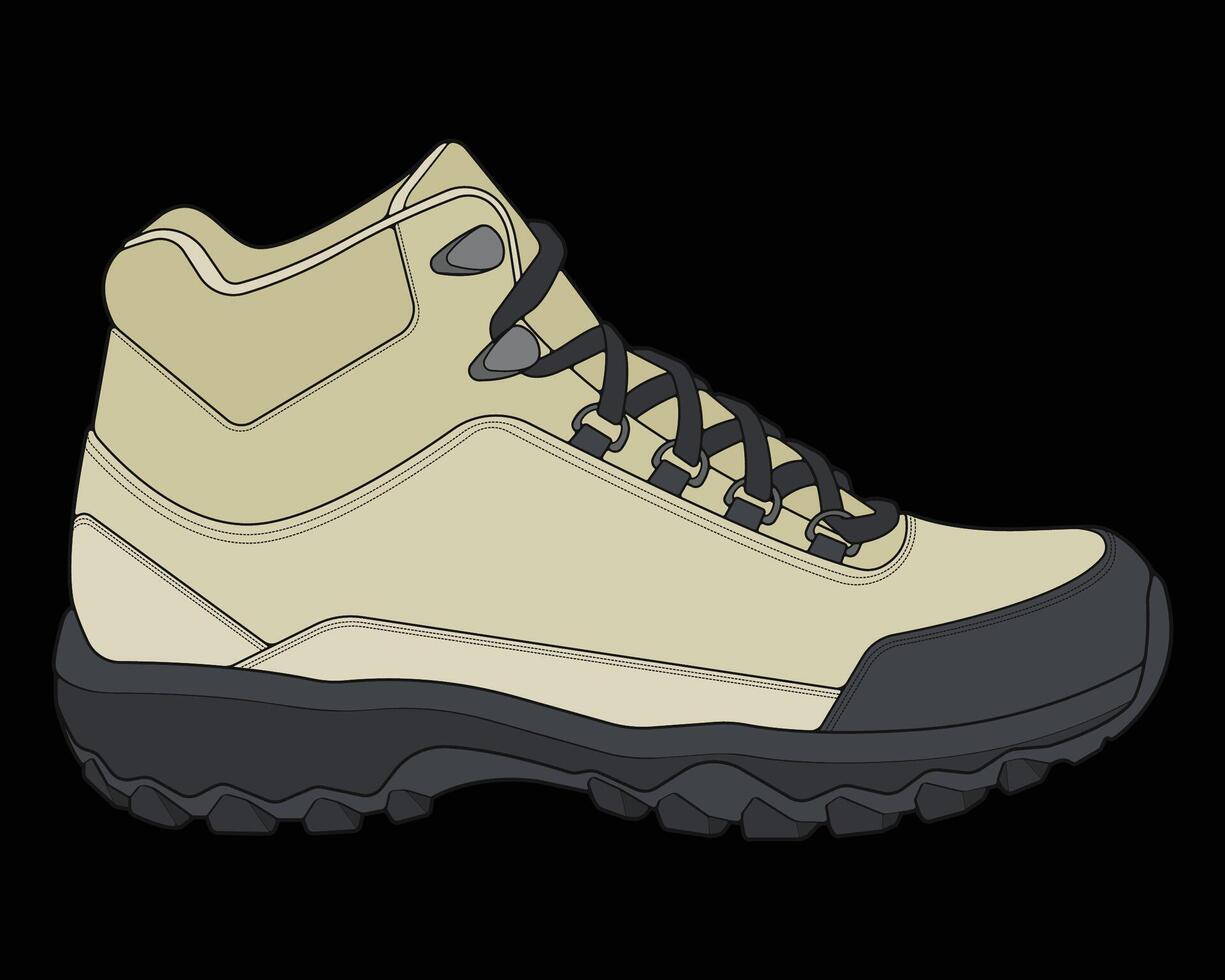 Hiking boots illustration. Illustration boots. Side view hiking boots isolated with black background. vector