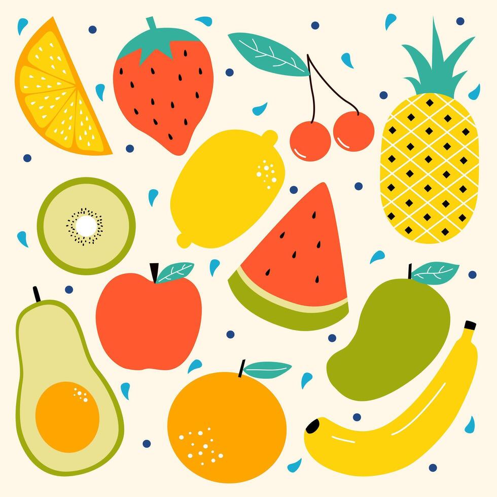 Set of Tropical Fruit Doodles in Hand Drawn Cartoon Style. Playful Tropical Fruit Illustrations in Hand Drawn Doodle Style. vector