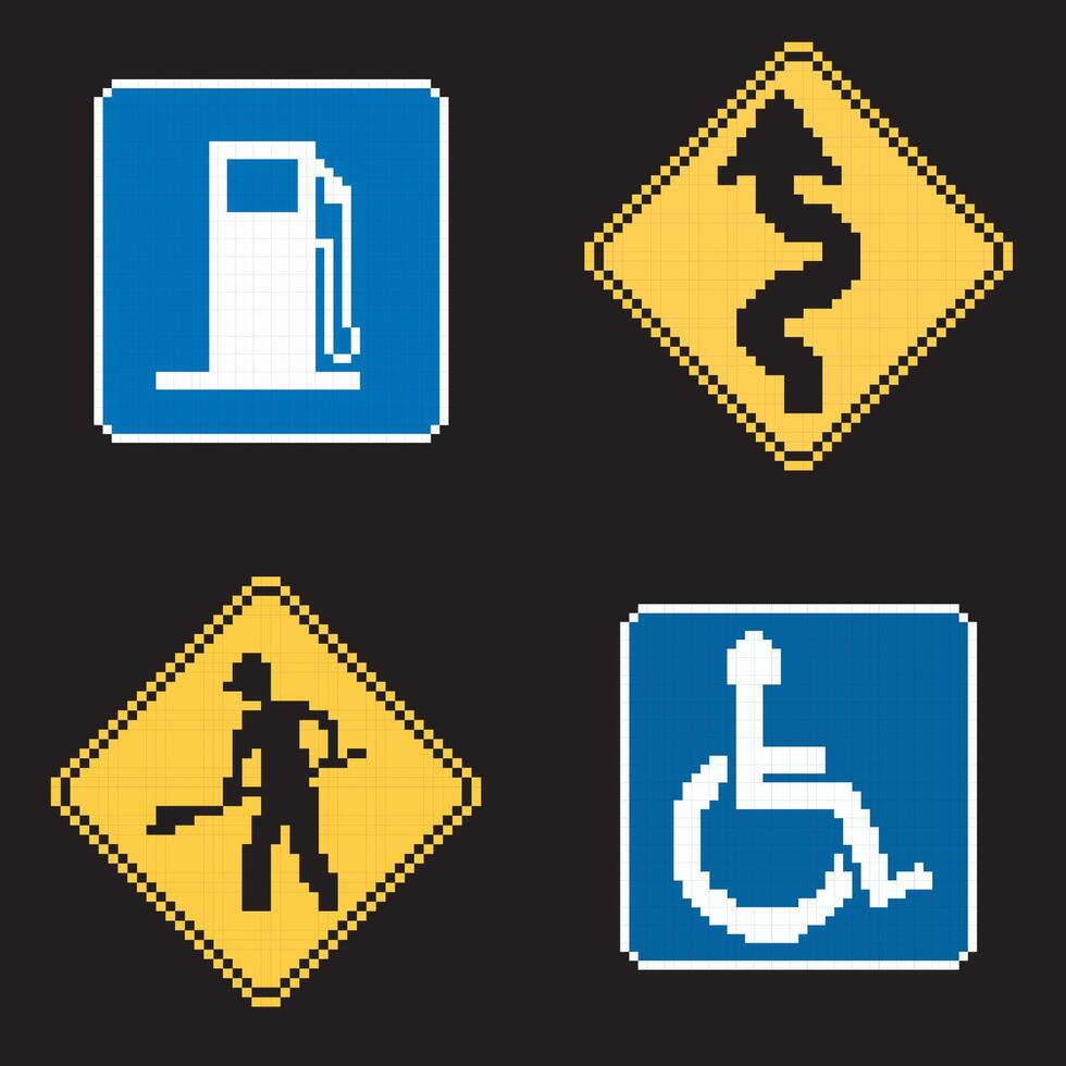 pixel art traffic signs icons set vector
