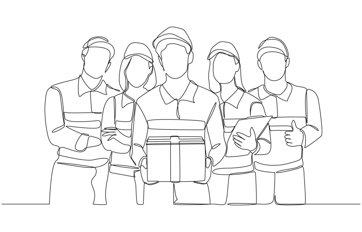 Continuous one line drawing of delivery service staffs standing in confident pose, shipping company, logistics business concept, single line art vector