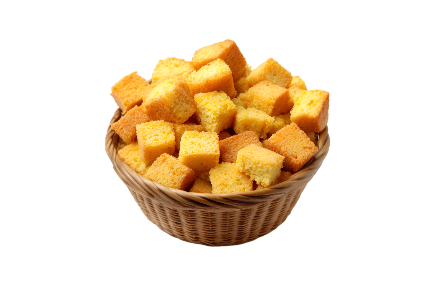 Yellow sponge cake cubes in a wicker basket on a transparent background png