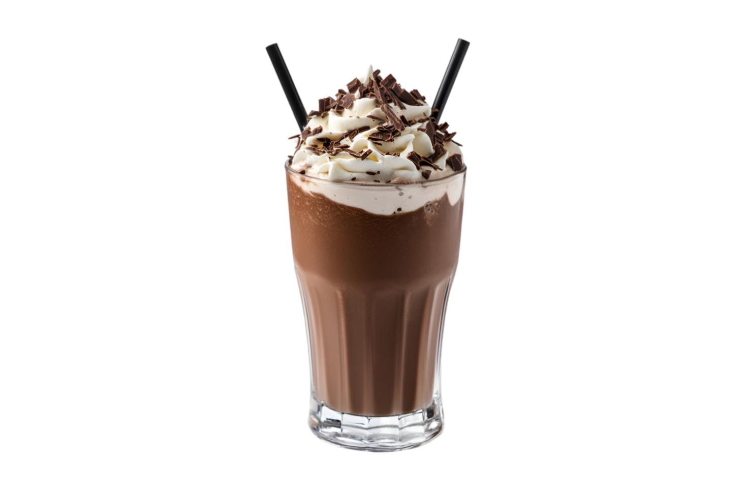 Chocolate milkshake with whipped cream and chocolate shavings isolated on a transparent background png